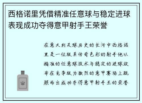 西格诺里凭借精准任意球与稳定进球表现成功夺得意甲射手王荣誉